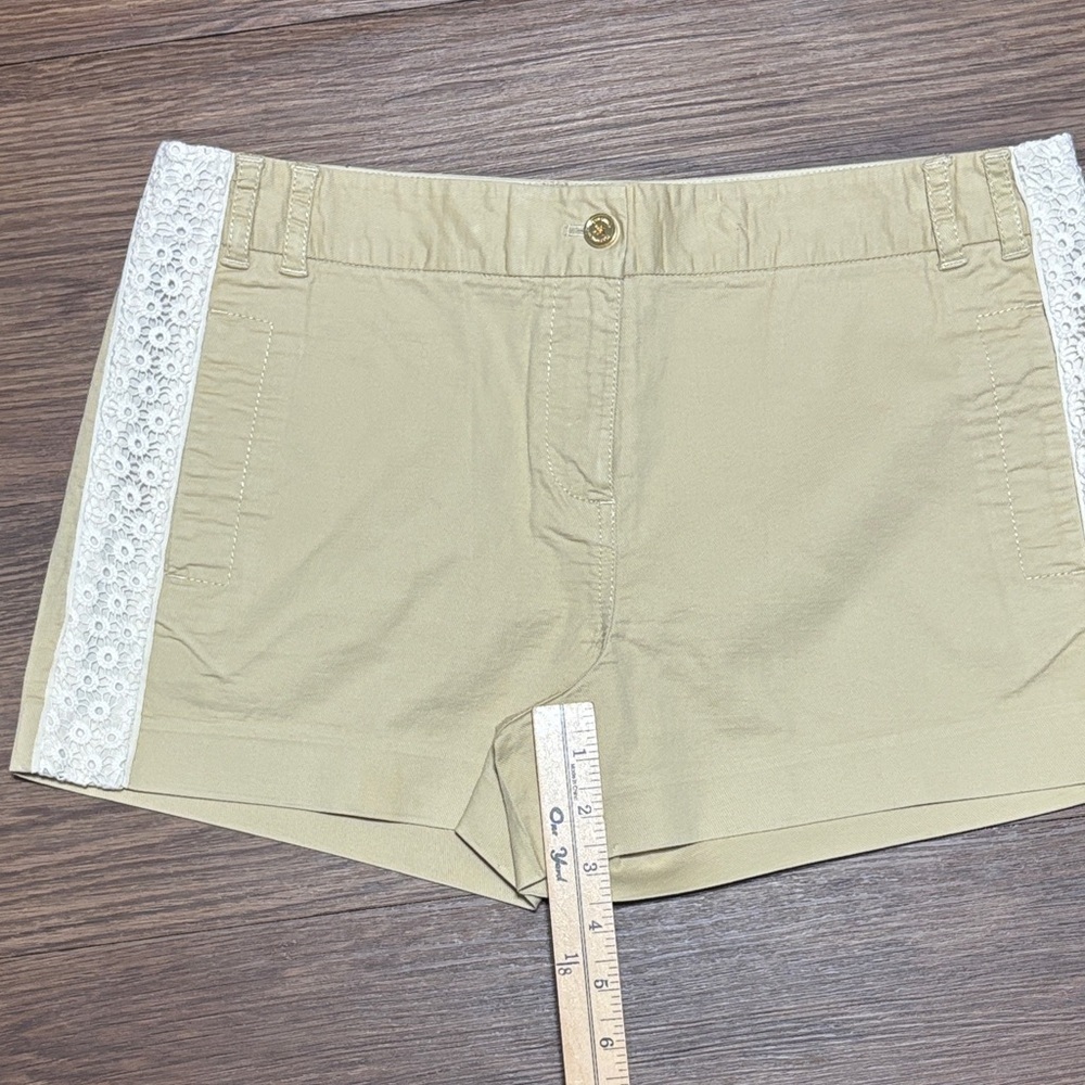 Tory Burch Tan Shorts White Lace Side Panels High Waist Size 8 Summer Chic - Picture 6 of 6